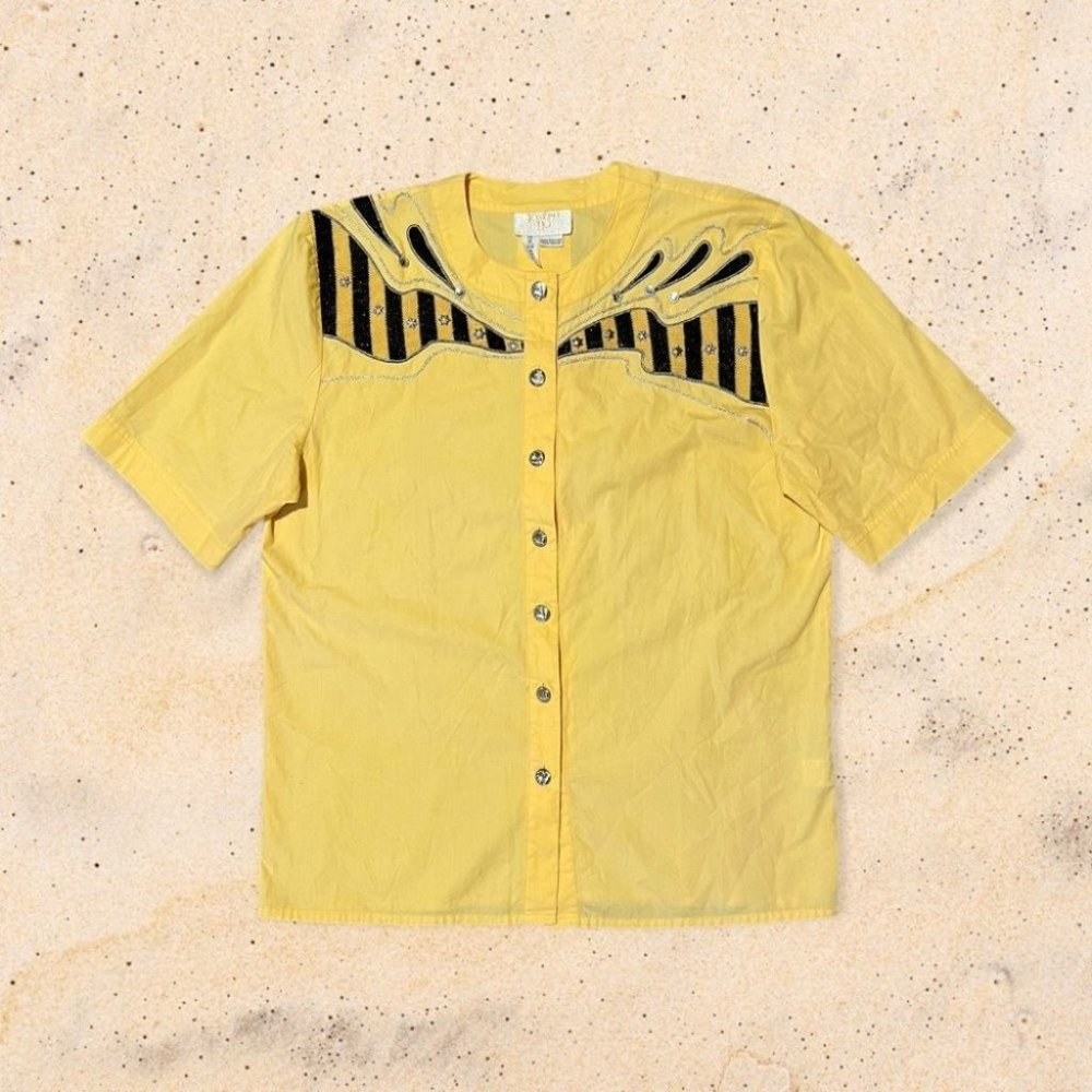 Joseph Ho blouse yellow & black embroidery gold buttons sz 12 women's top luxe